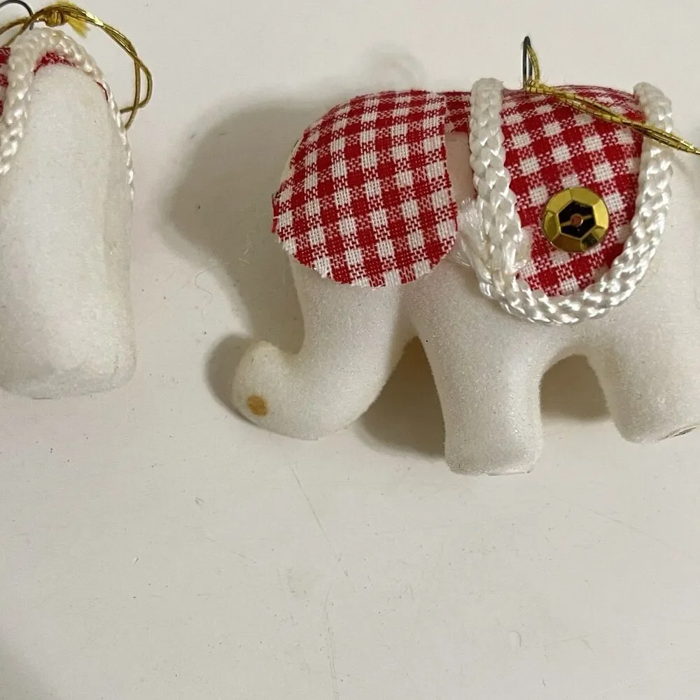 Vintage White Flocked Christmas Ornamants Japan Red Gingham Bear Mouse Elephant